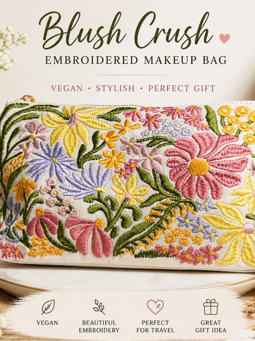 Blush Crush Embroidered Floral Makeup Bag | NWT Vegan Cosmetic Pouch